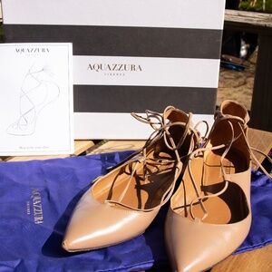 GUC Aquazzura Christy Pointed Toe Lace-Up Ballet Flats Nude size 35.5 (see pics)